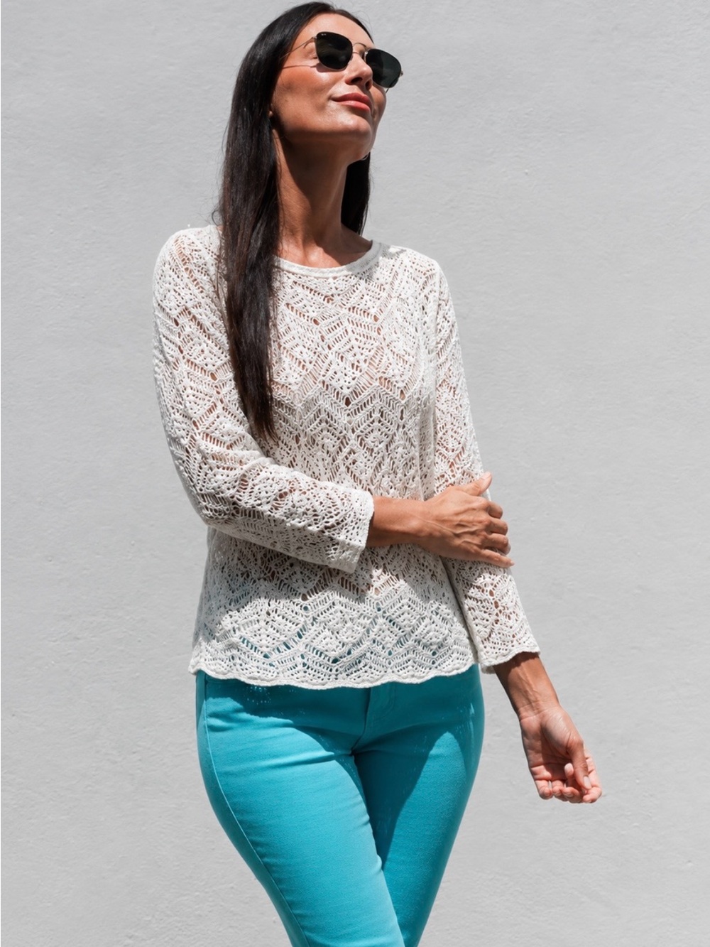 JEANNE PIERRE White Crochet Long-Sleeve Top